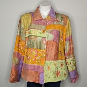 Indigo Moon orange yellow embroidered floral button up jacket L